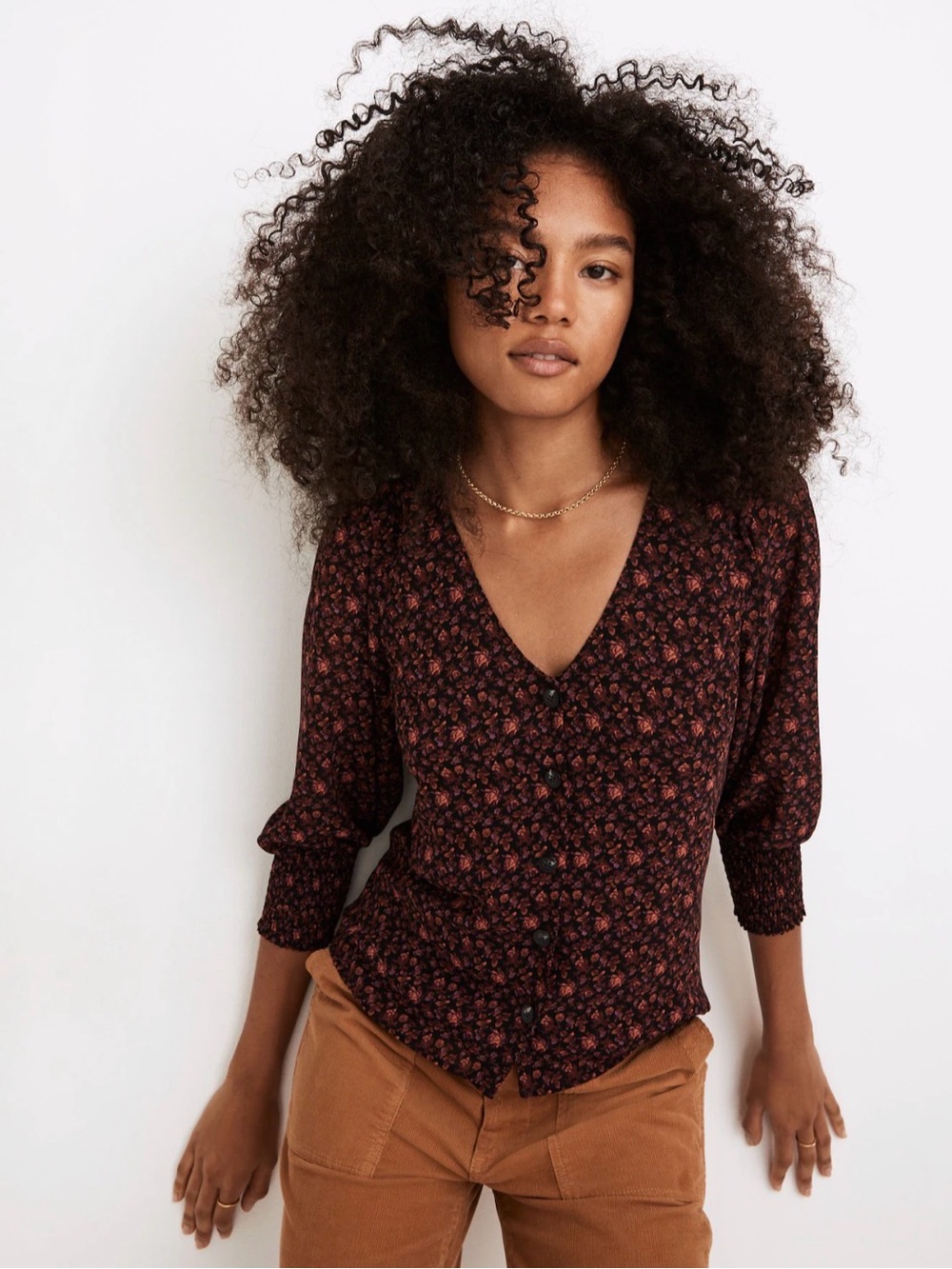 Madewell Georgette Smocked-Cuff Button-Front Top in Orchard Floral - Size 4